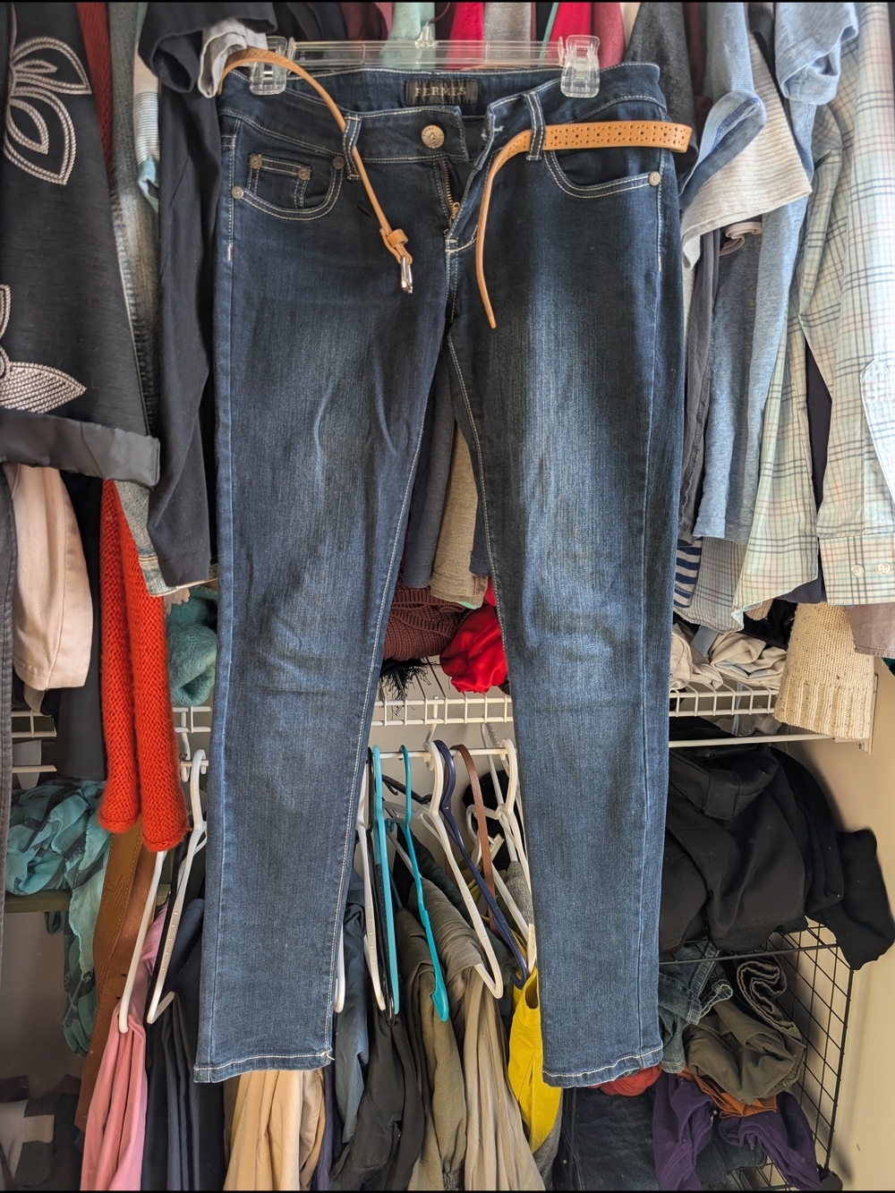 Hermes Dark Blue Skinny Jeans with Tan Belt Accent